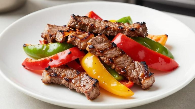 Manzo grigliato ai peperoni: 28g di proteine per porzione e 120% del fabbisogno di vitamina C