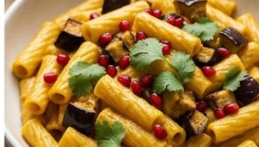 Elicoidali al curry, burro d’arachidi, melanzane e melagrana