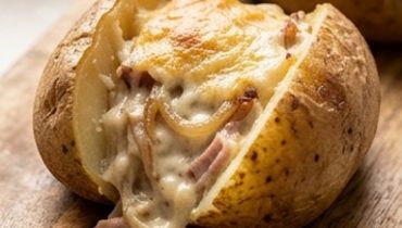 Patate farcite con cipolle caramellate e tacchino affumicato