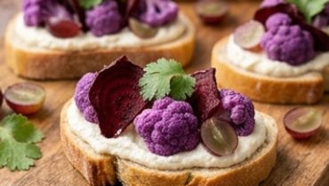 Bruschette al cavolfiore viola, chips di barbabietola e crema al parmigiano