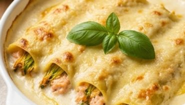 Cannelloni ripieni di salmone, ricotta e fiori di zucca