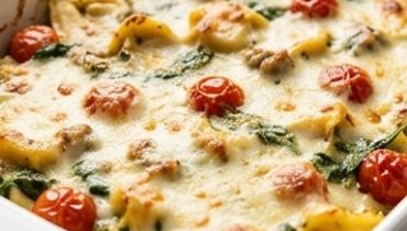 Gratin di Tortellini al Pesto, Salsiccia di Pollo e Mozzarella Filante