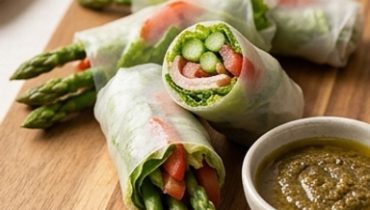 Maki primaverili con asparagi, salsa alle olive e peperoncino d’Espelette