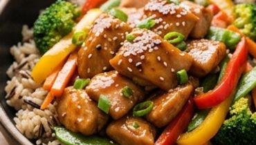 Spadellata di pollo teriyaki glassato, verdure croccanti e riso selvaggio