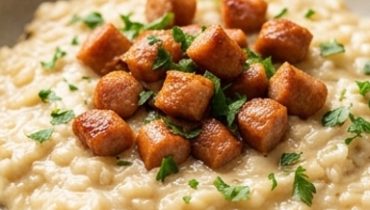 Risotto cremoso alla Cancoillotte e crispy di salsiccia affumicata