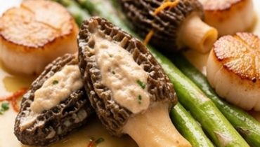 Capesante farcite alle spugnole, asparagi verdi e scorza d’arancia rossa