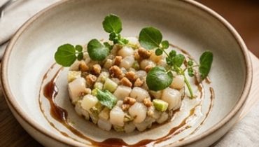 Tartare di capesante ai carciofi, mela verde e riduzione di succo di mela