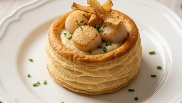 Vol-au-vent alle capesante, topinambur e chips di scorzobianca