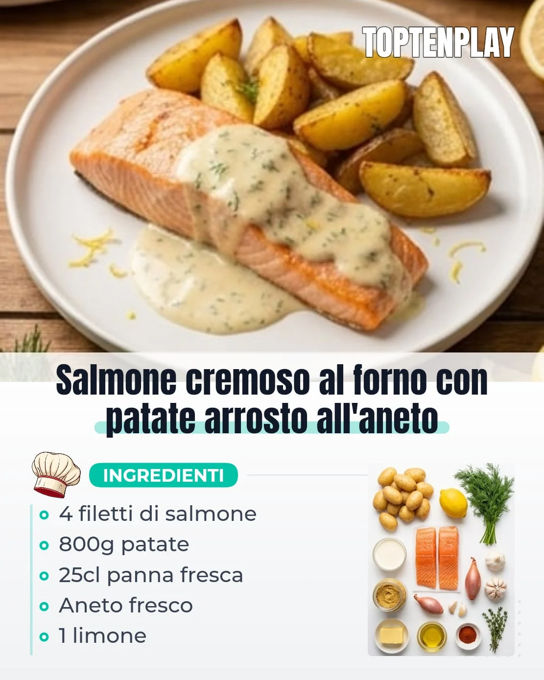 Salmone cremoso al forno con patate arrosto all’aneto
