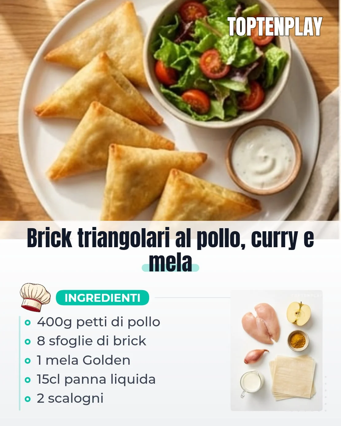 Brick triangolari al pollo, curry e mela