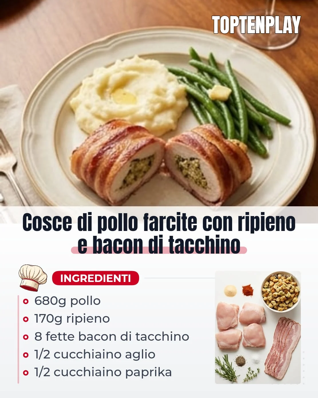 Cosce di pollo farcite con ripieno e bacon di tacchino