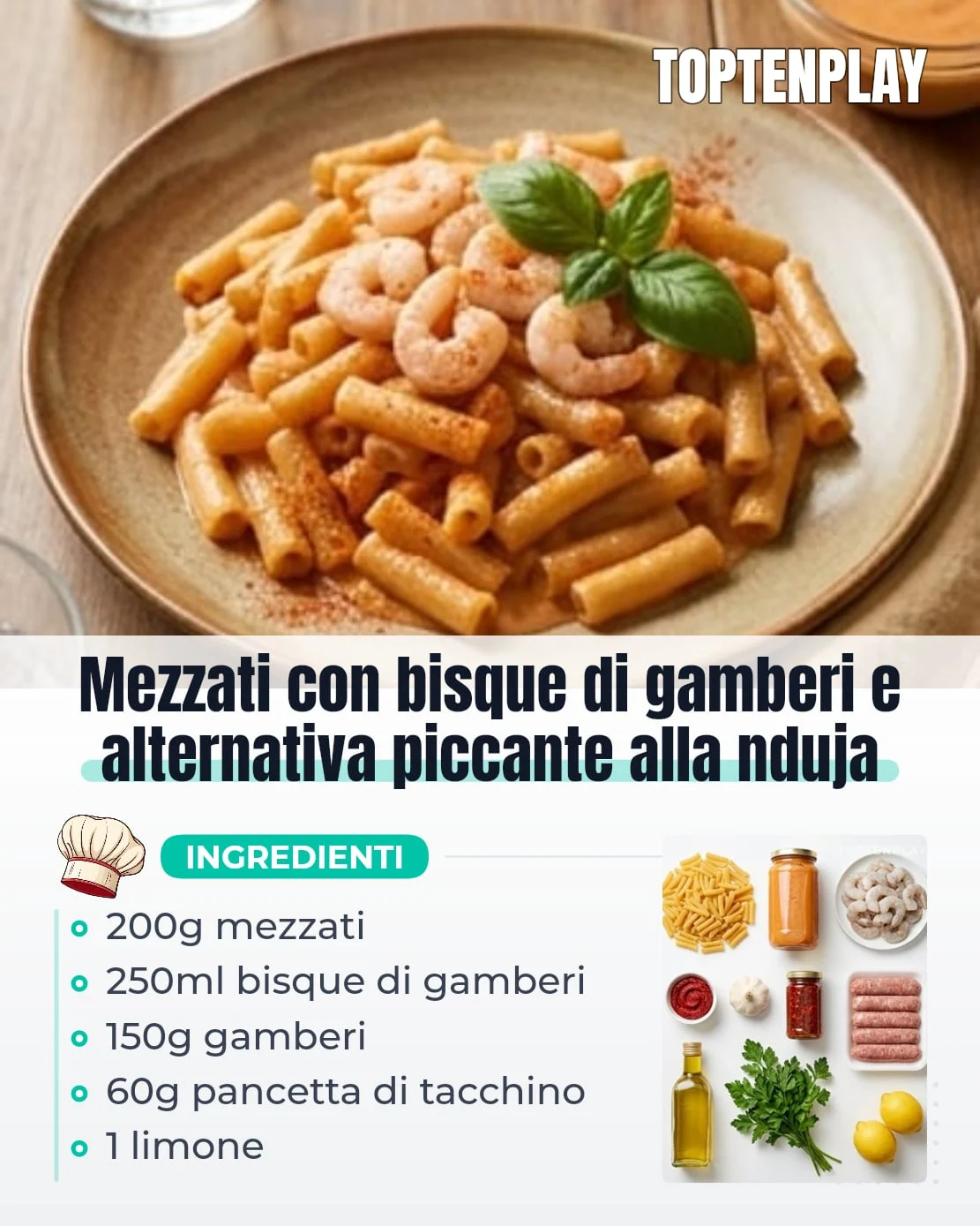 Mezzati con bisque di gamberi e alternativa piccante alla nduja