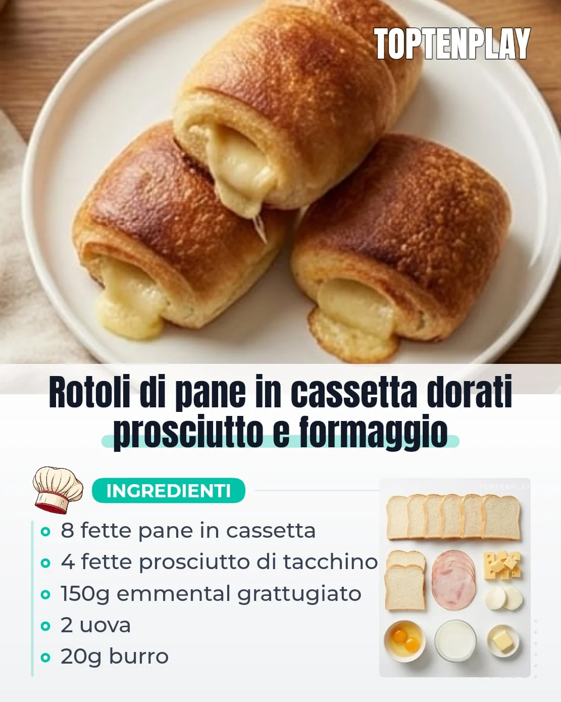 Rotoli di pane in cassetta dorati prosciutto e formaggio